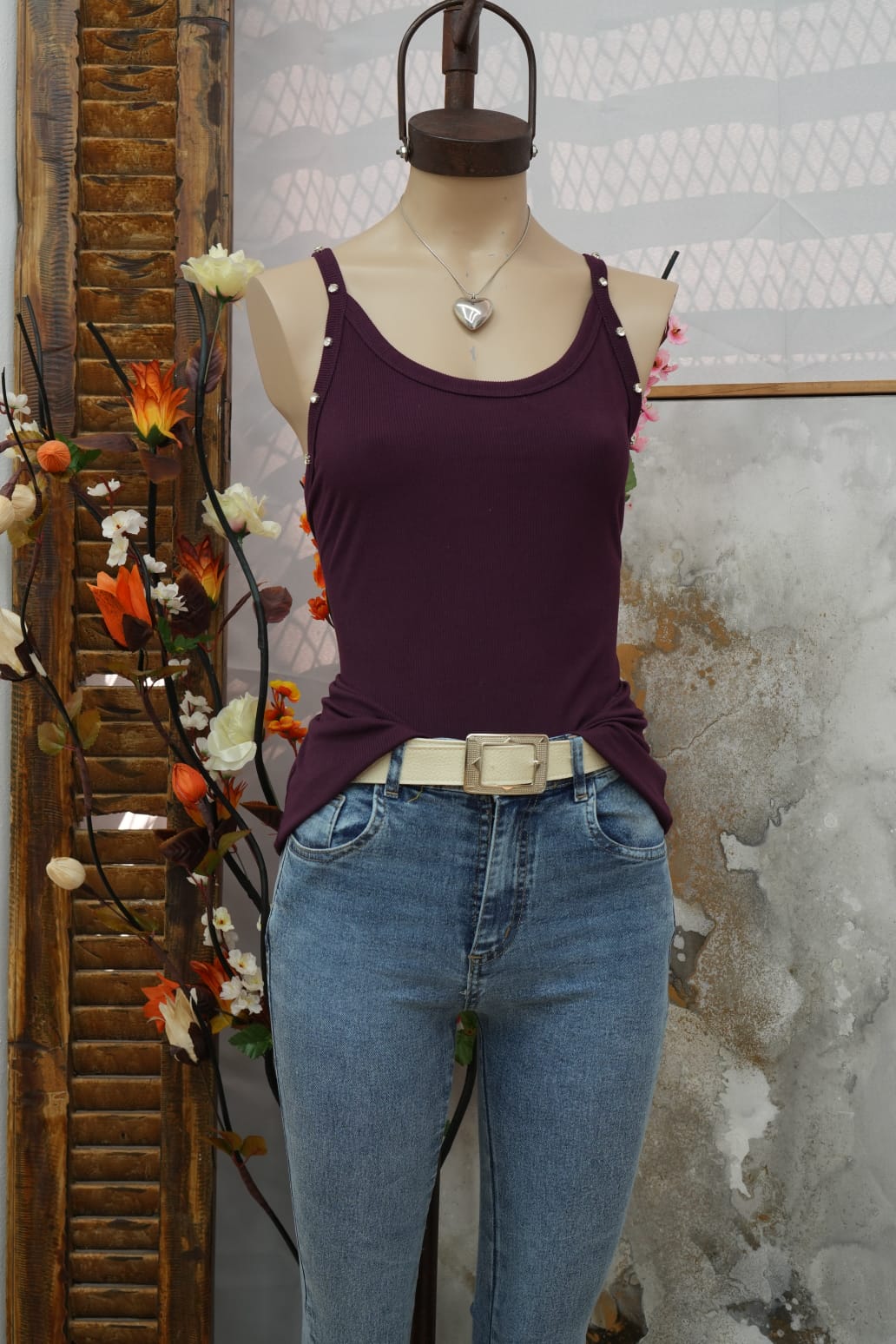 Musculosa de ribb Melow bretel fino con Piedrería