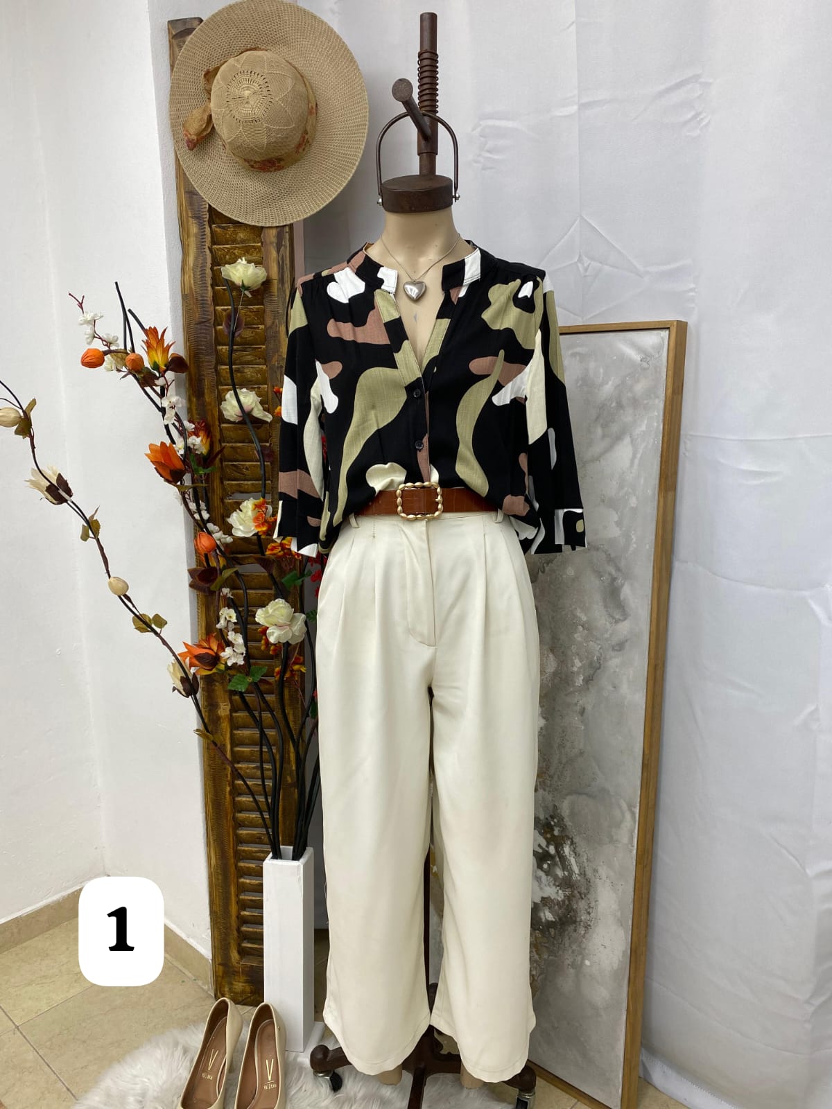 Camisa de lino cuello mao  estampada