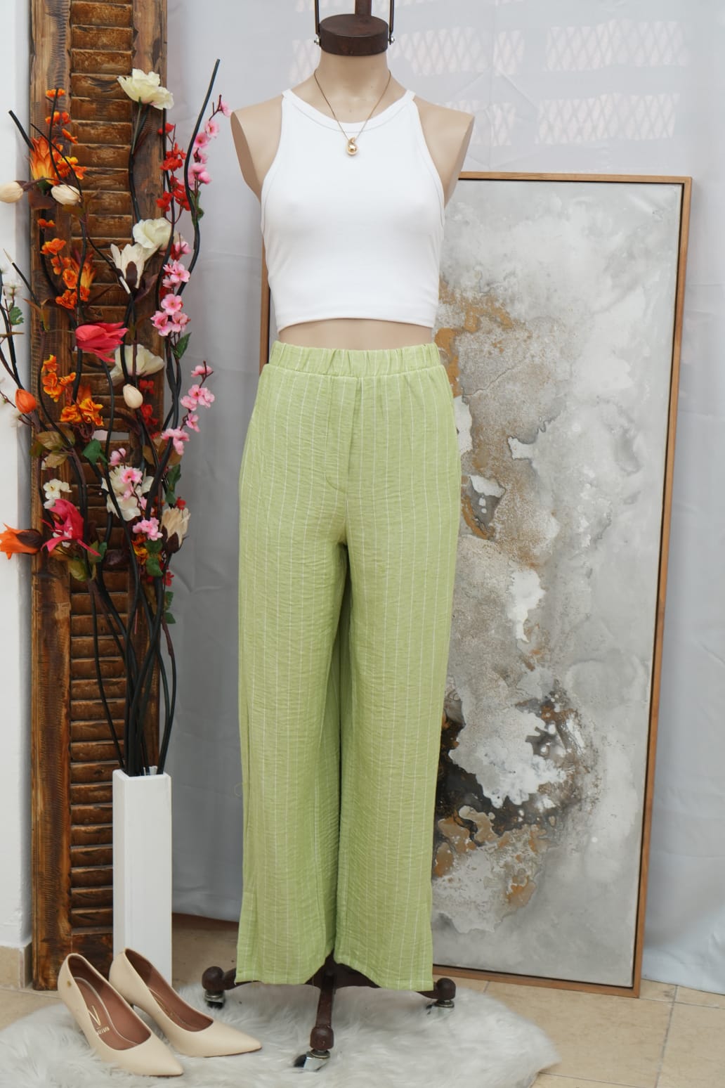 Pantalón de lino rayado con tajo Mirtha