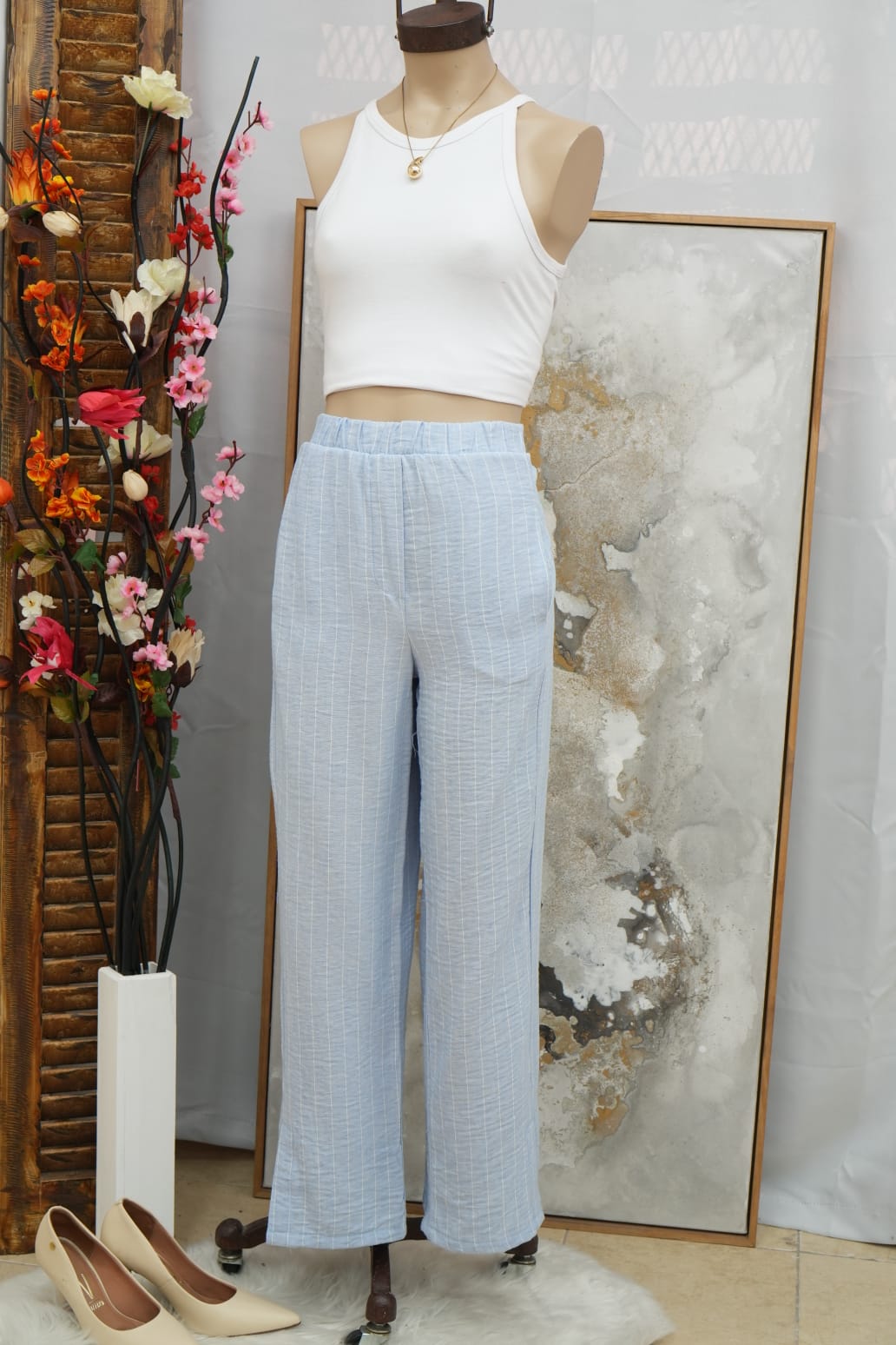 Pantalon de lino rayado con tajo Mirtha