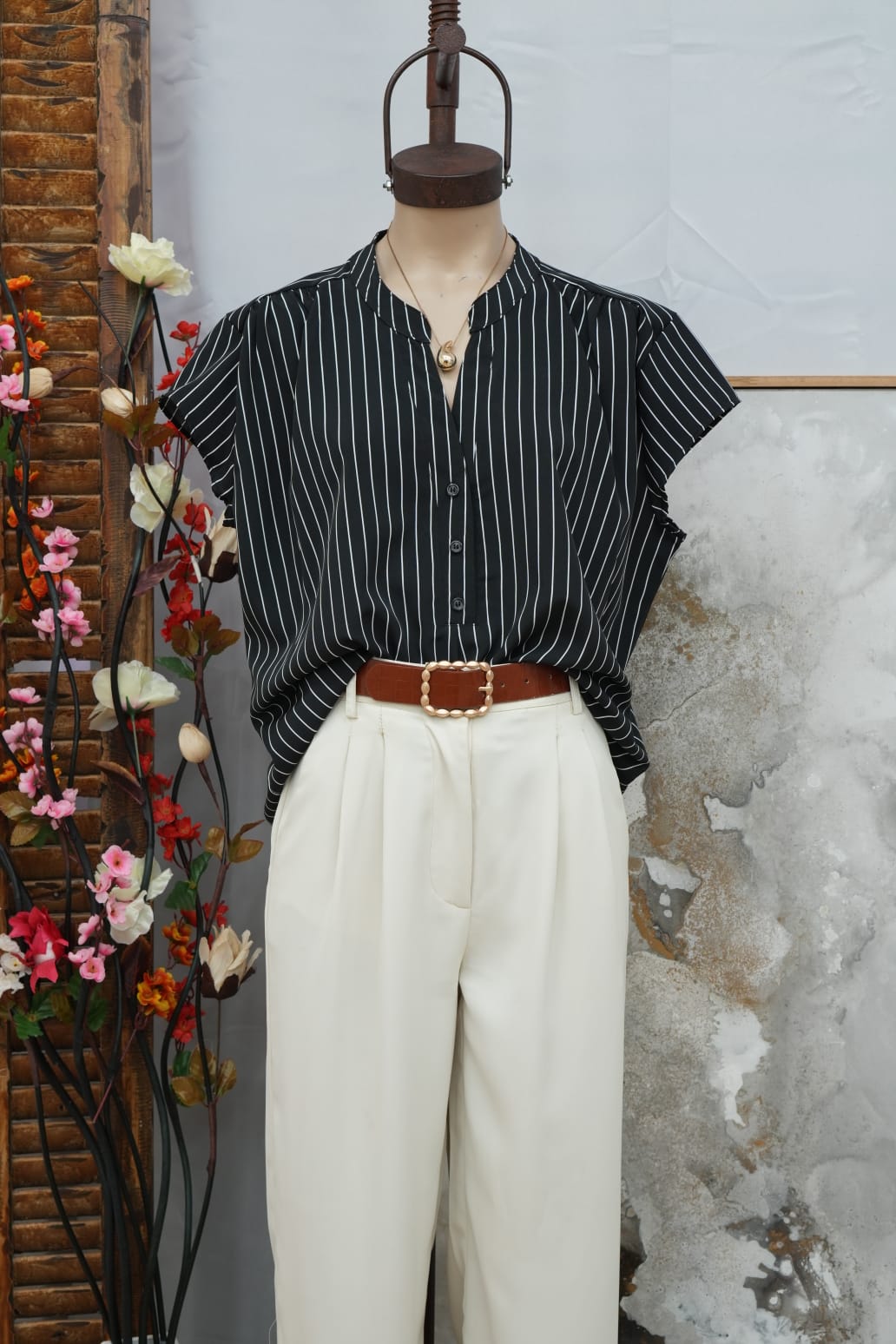 Camisola fibrana poplin rayada Cuello Mao Fernanda