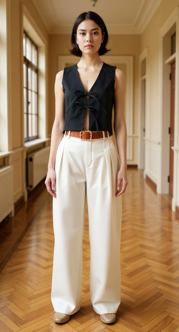 Chaleco corto con tiras de lino sastrero Jade