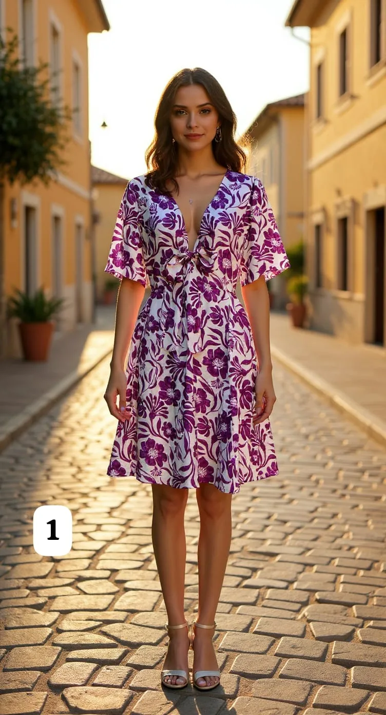 Vestido de tela Emilia estampado escote V con lazo Emiliana