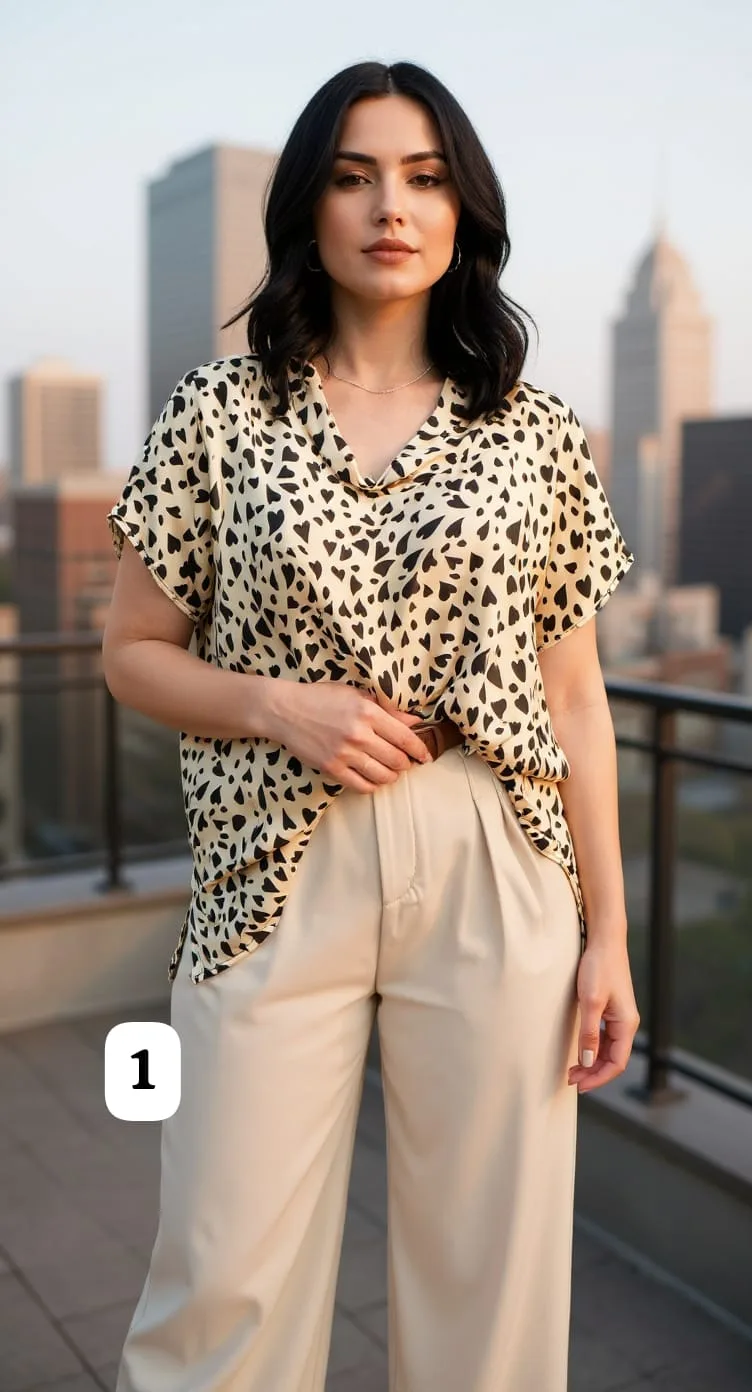 Blusa de satén estampada cuello alto Cinthia