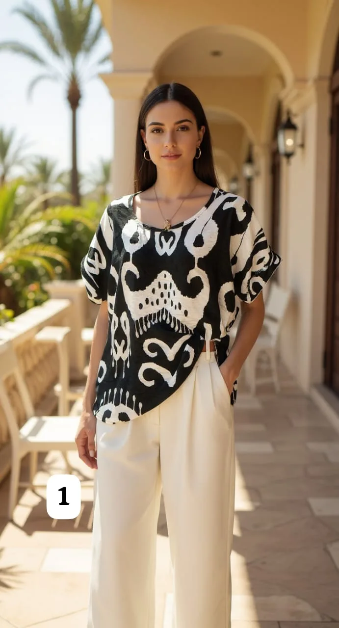 Blusa de la Emilia estampado con dobladillo en la manga y Tajo en los costados