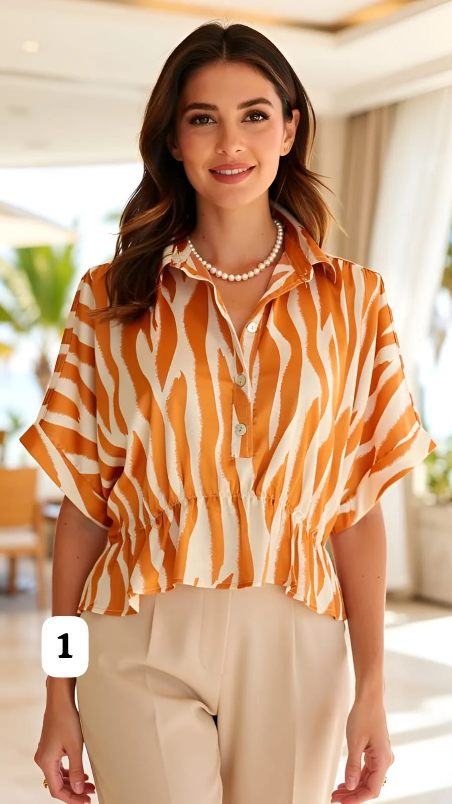 Blusa con cuello manga doblada arrugada abajo de sartén estampada melissa