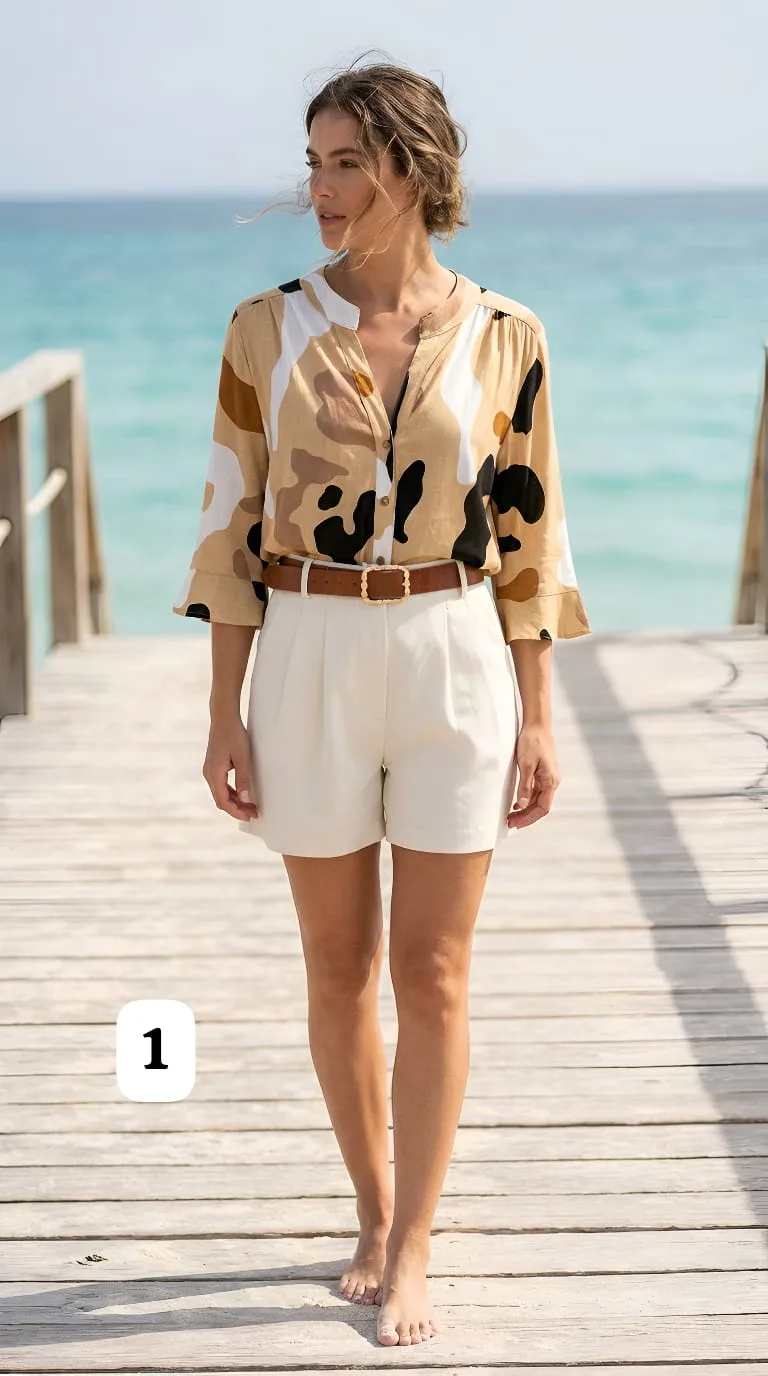 Camisa Lino cuello Mao estampada manga  3/4 vane