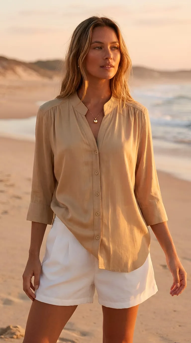 Camisa de Lino liso  cuello Mao manga 3/4 vane