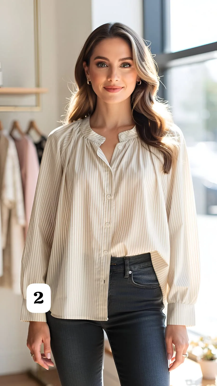 Camisa rayada de tela poblín con cuello redondo manga princesa Caroline