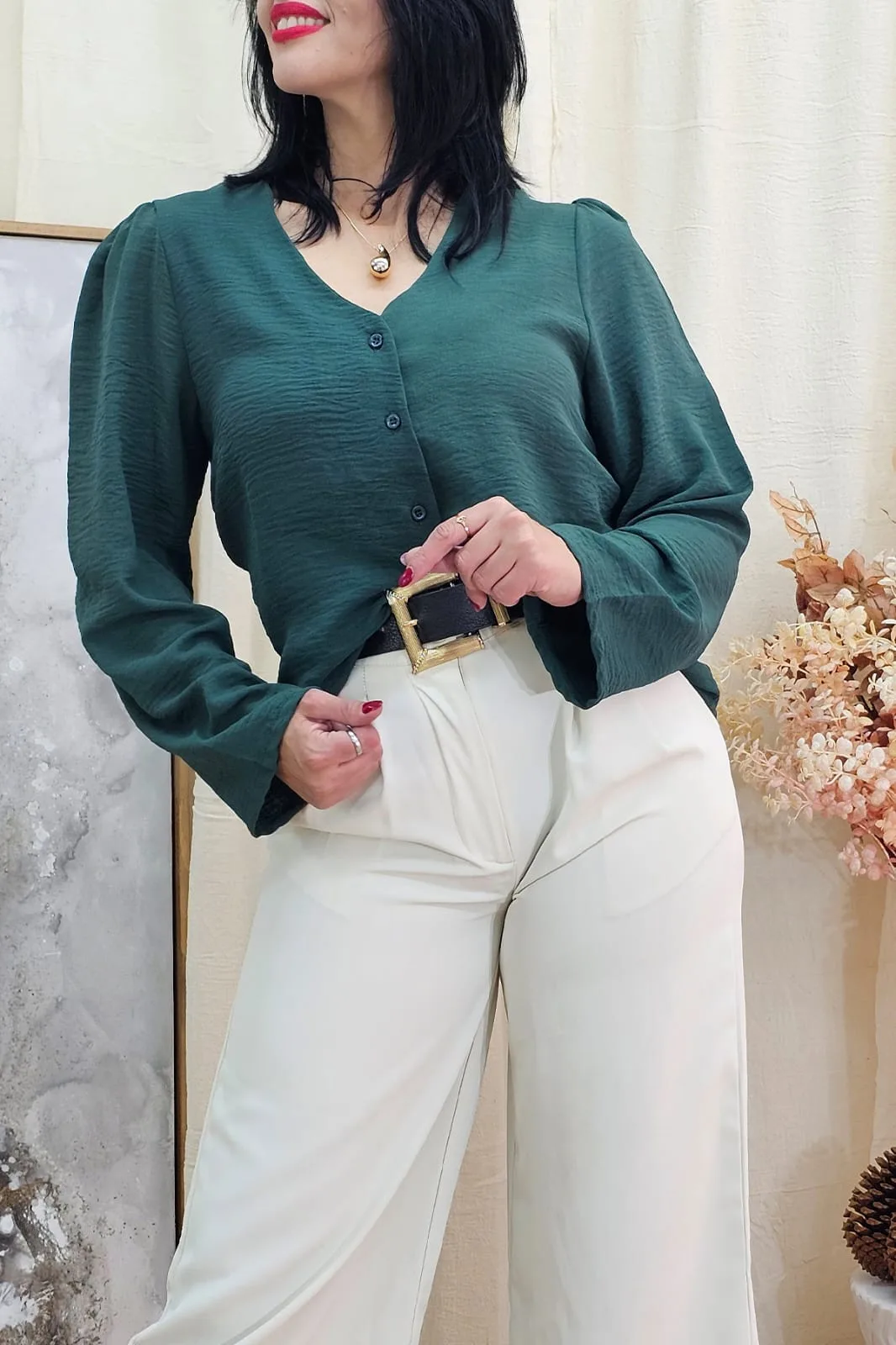 Camisa de cey cuello v manga larga princesa Lau.