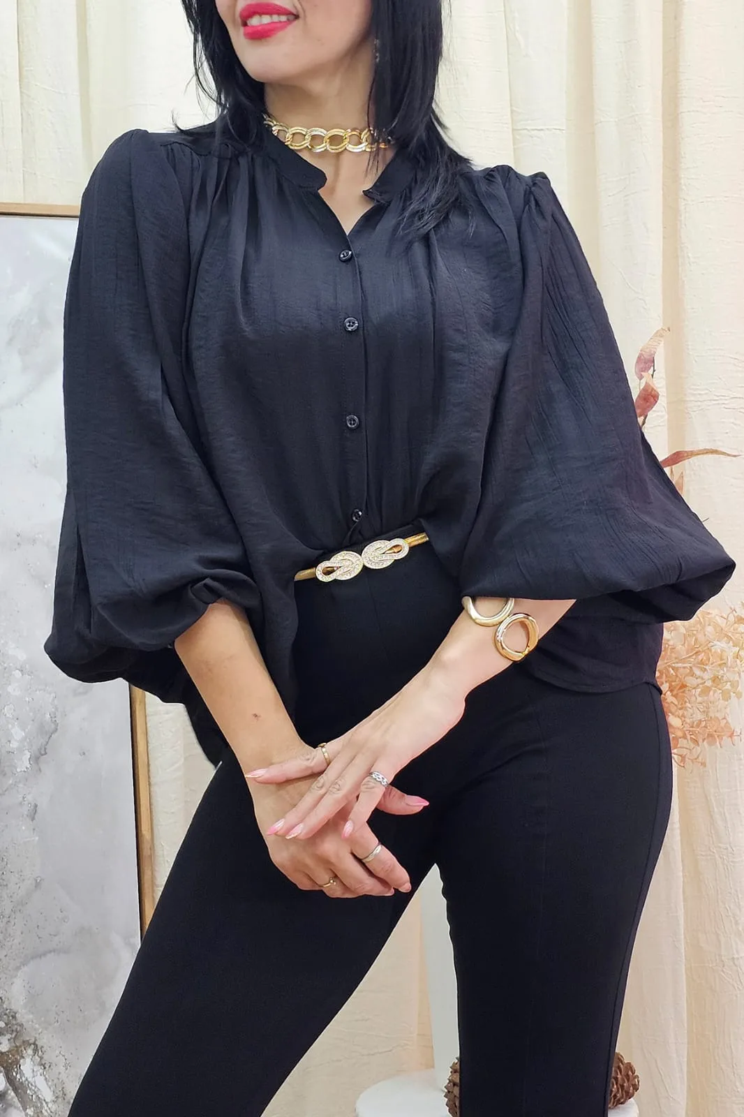 Camisa manila boton cuello manga globo kari