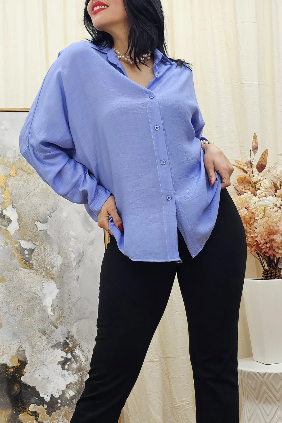 Camisa de manila manga murcielago con puño Zafiro