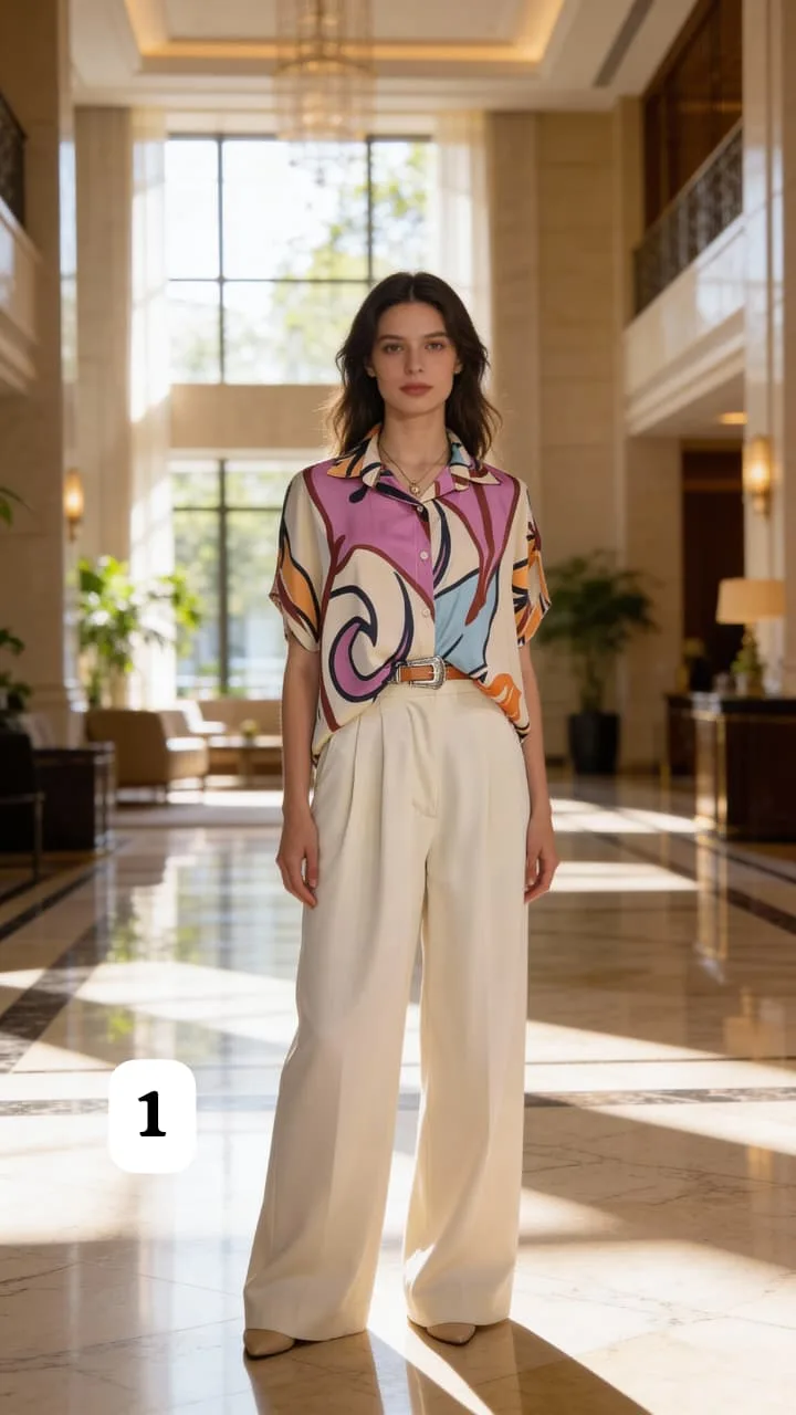 Camisa hombro caído dobladillo manga de satén estampado Milo