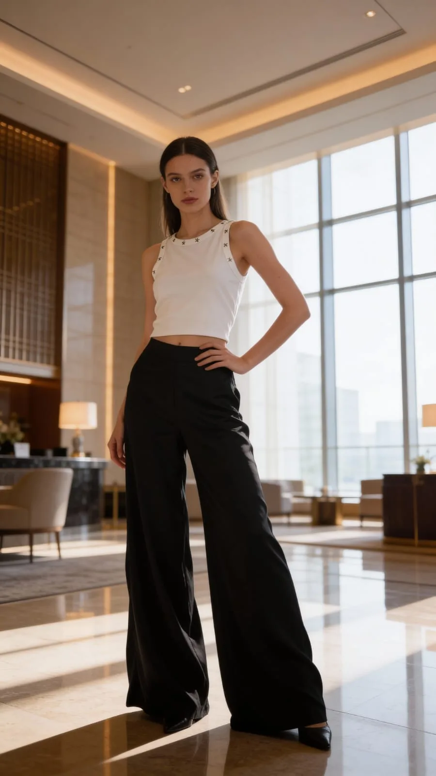 Pantalon saten con elastico atras y bolsillo