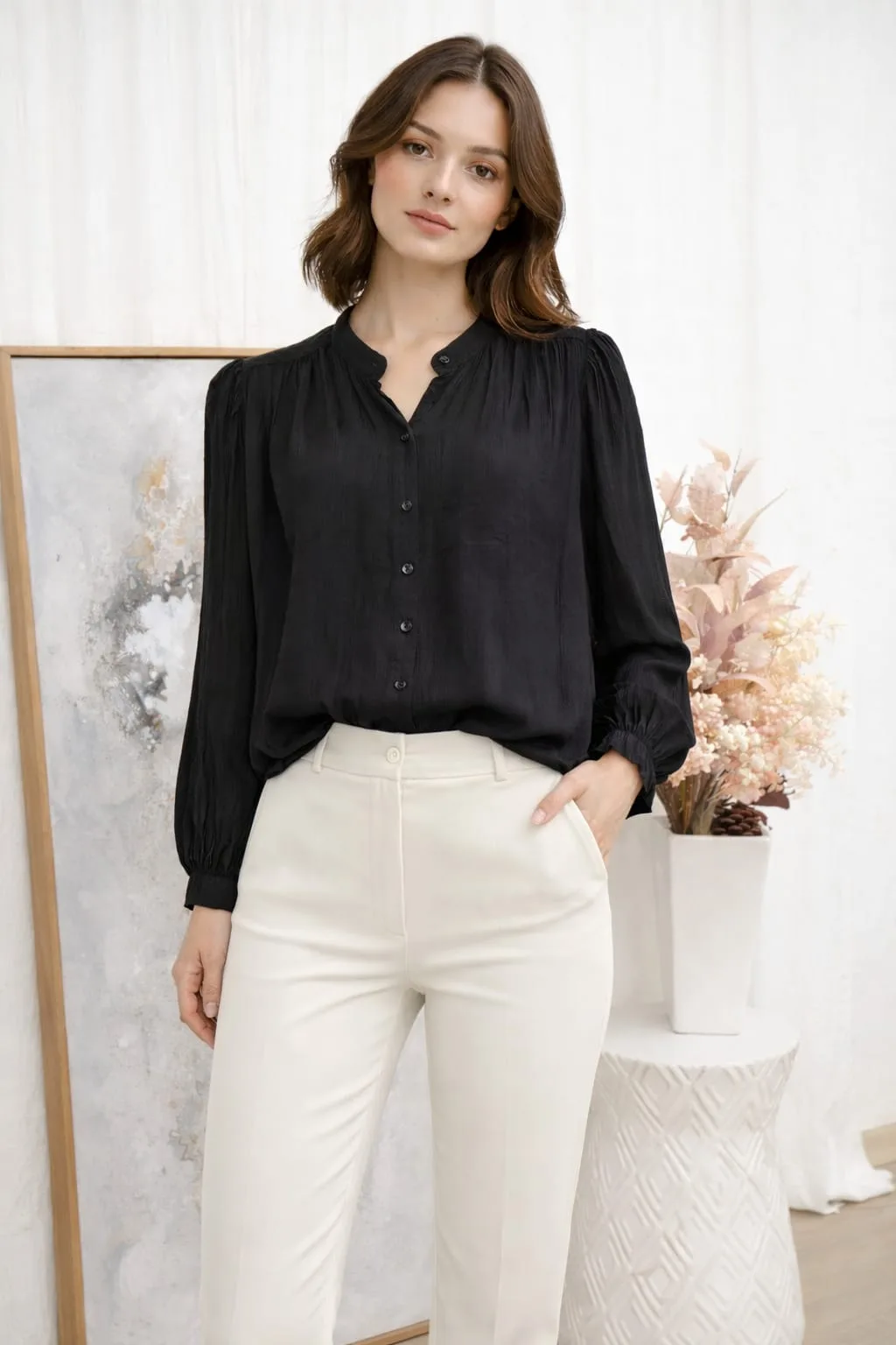 Camisa manila boton cuello manga globo kari