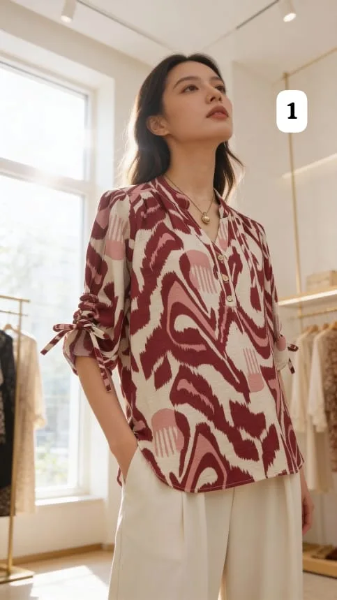 Camisola emilia estampada con tiras para fruncir en la manga yoha