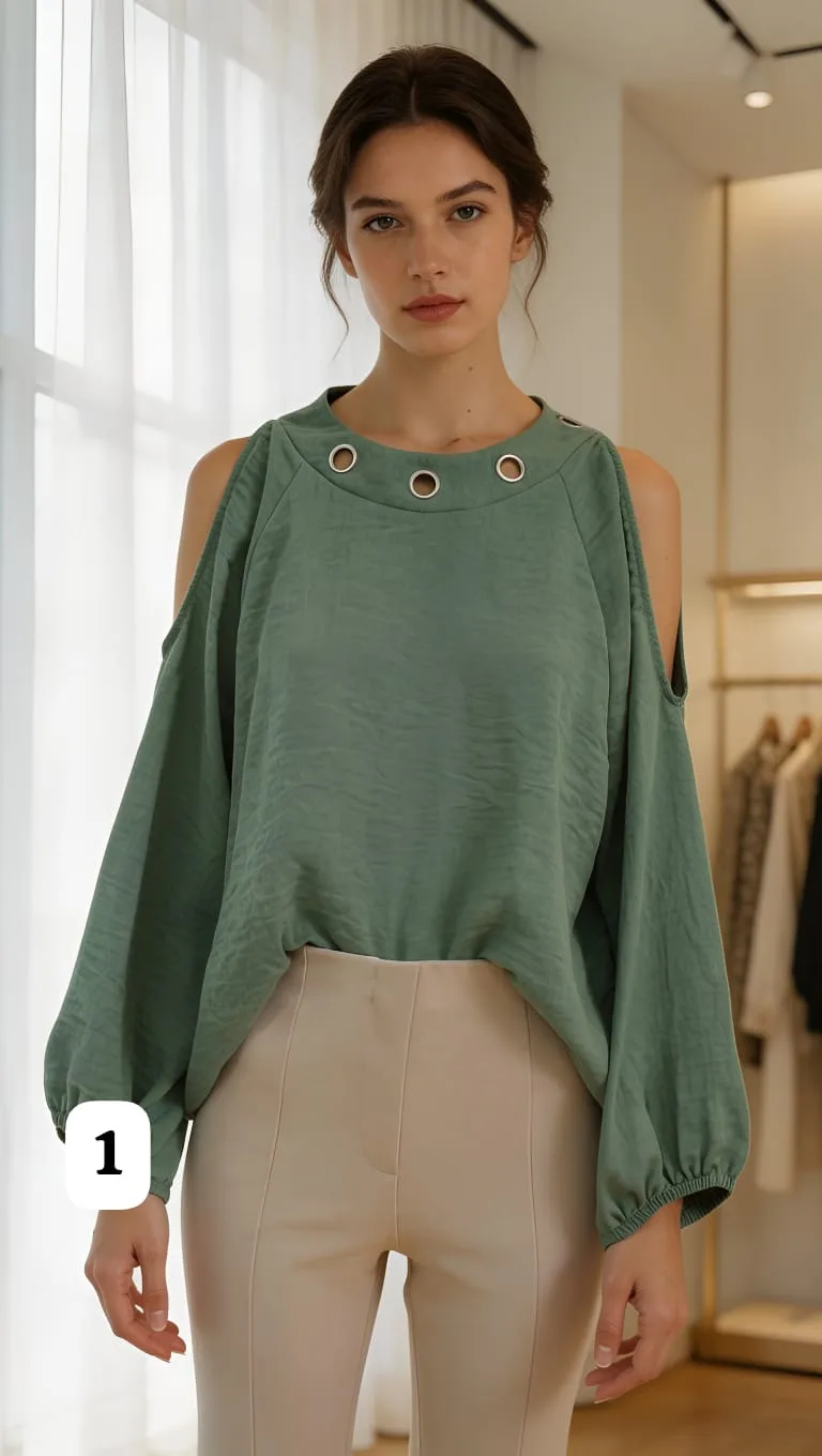 Blusa de Lino cey  con arandelas en el cuello lazo atrás y abertura en los hombros Cloe