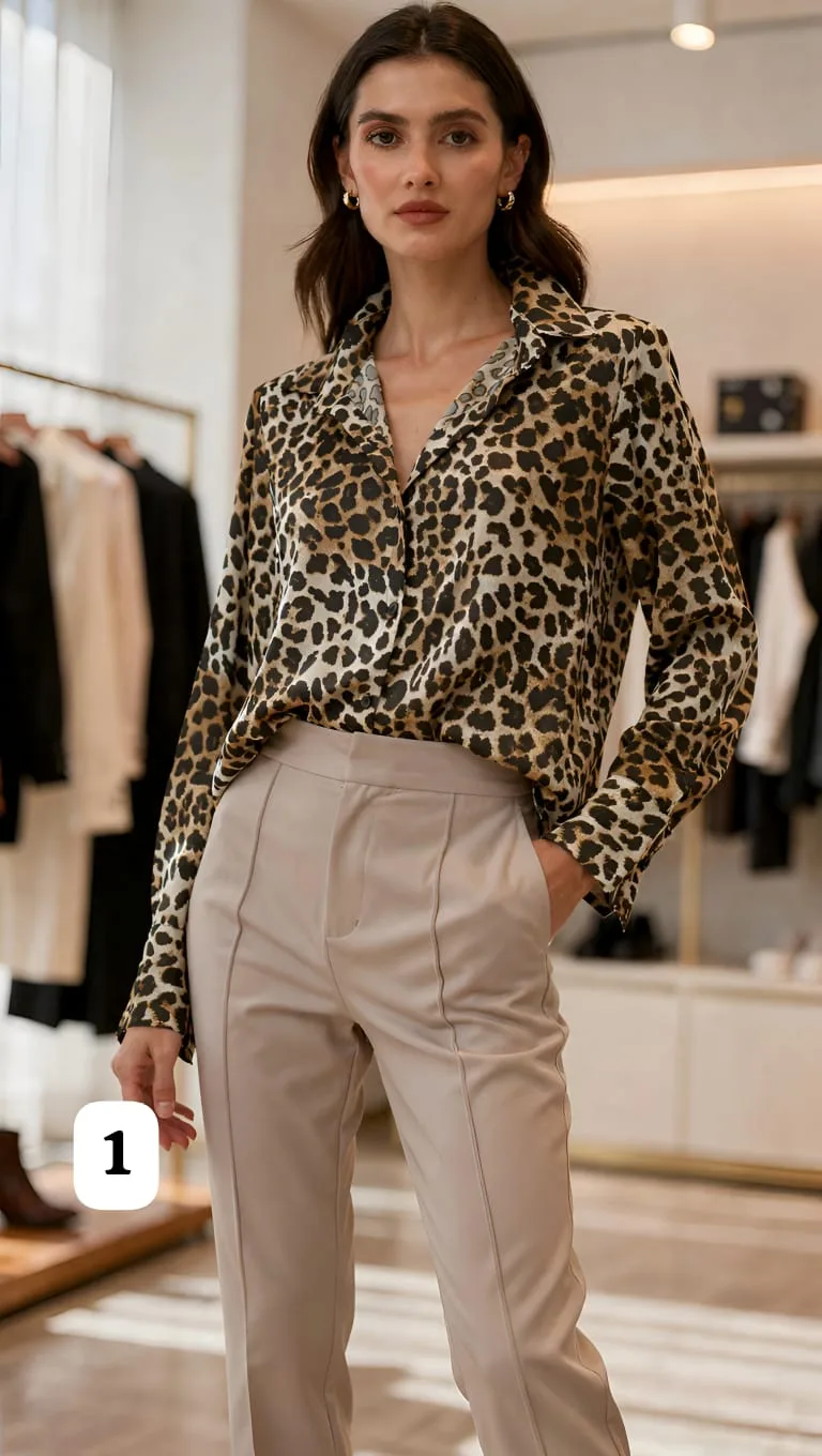 Camisa de saten Premium Animal print manga larga con puño ancho Karly