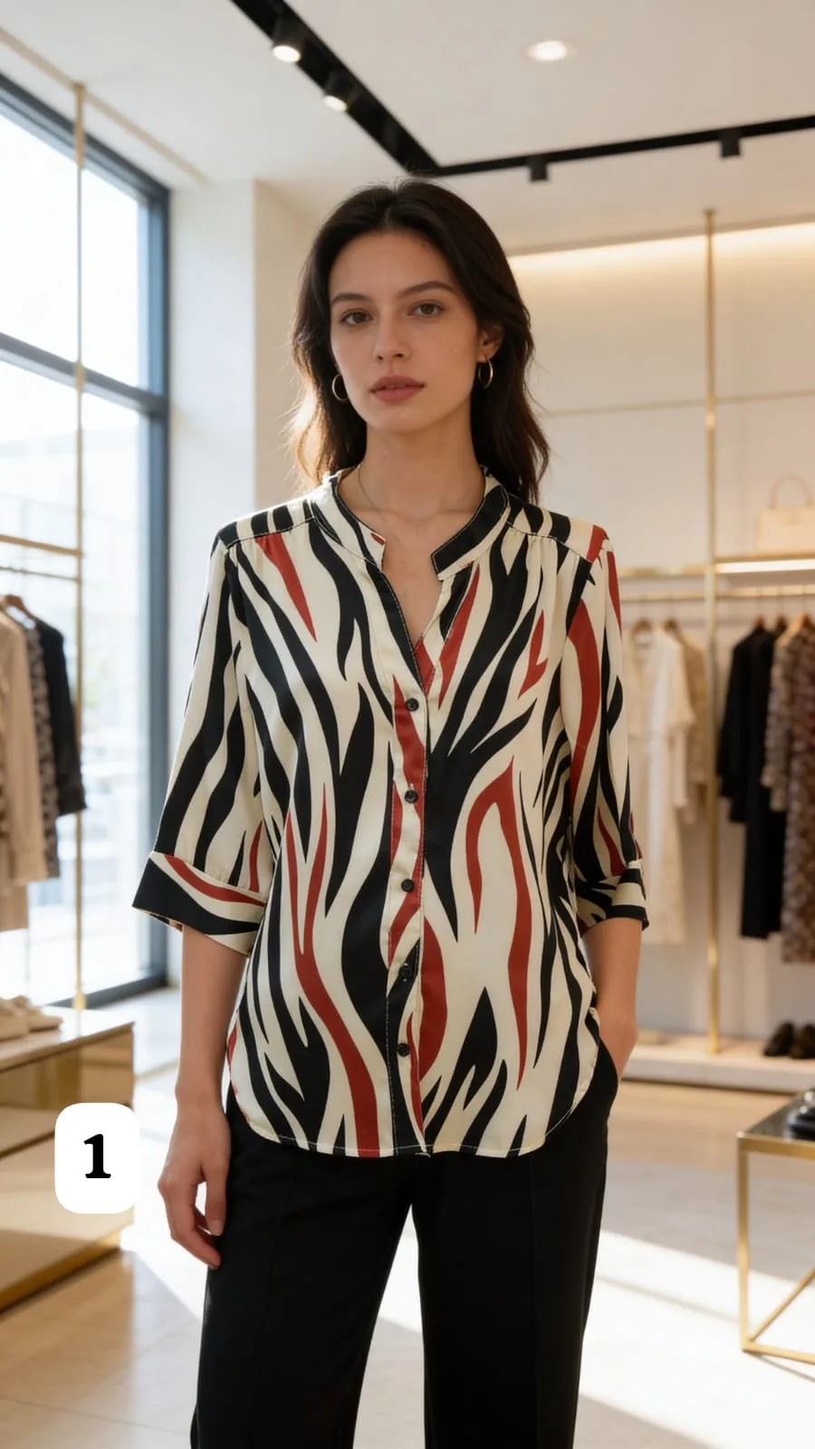 Camisa saten estampado Premium cuello mao manga 3/4