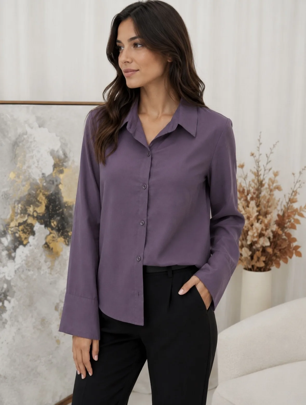 Camisa clásica manga larga con dos botones en puño de tela Muji liso Magali