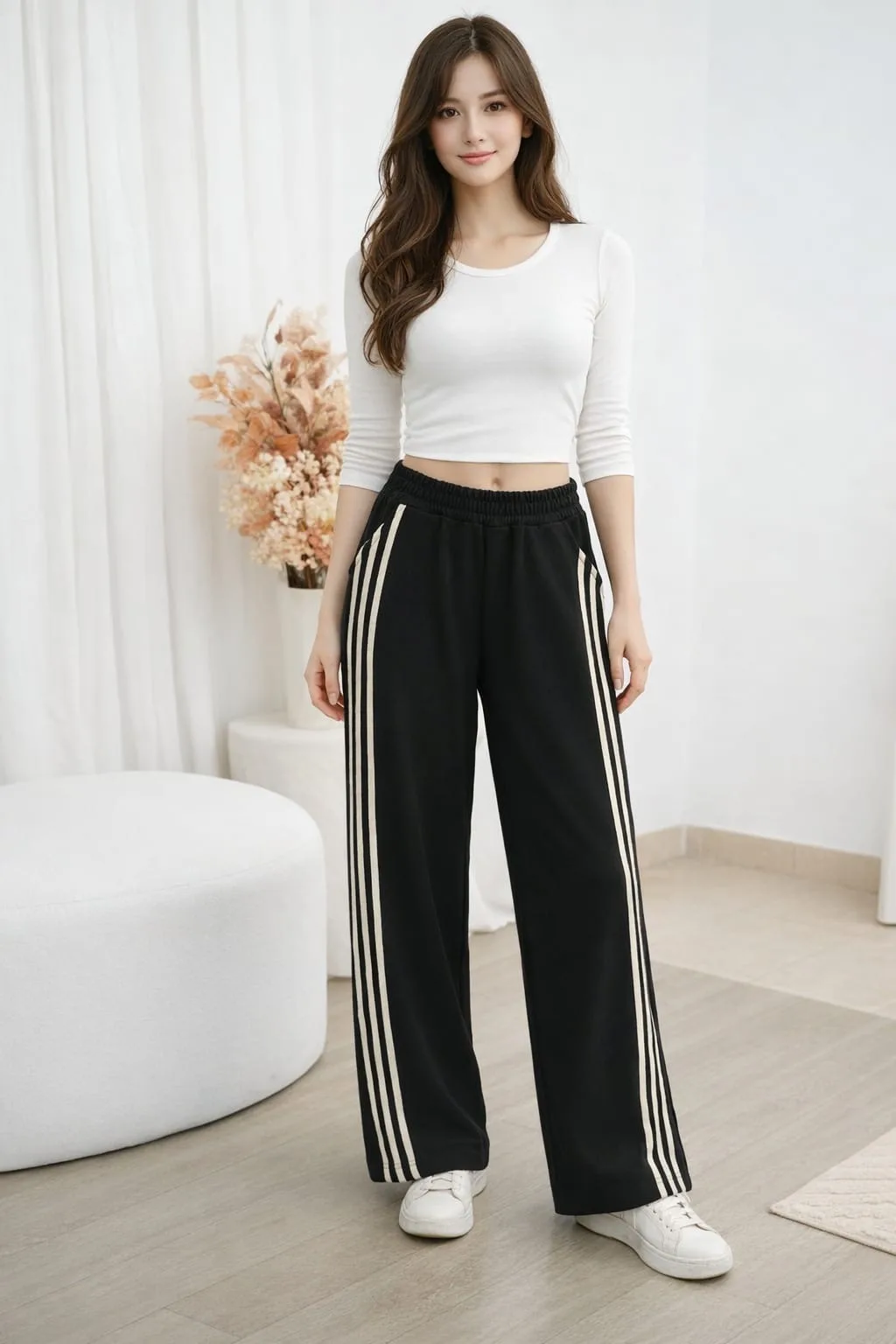 Pantalón de Darlon liso doble cintura con líneas en crudo Viki - Imagen 4