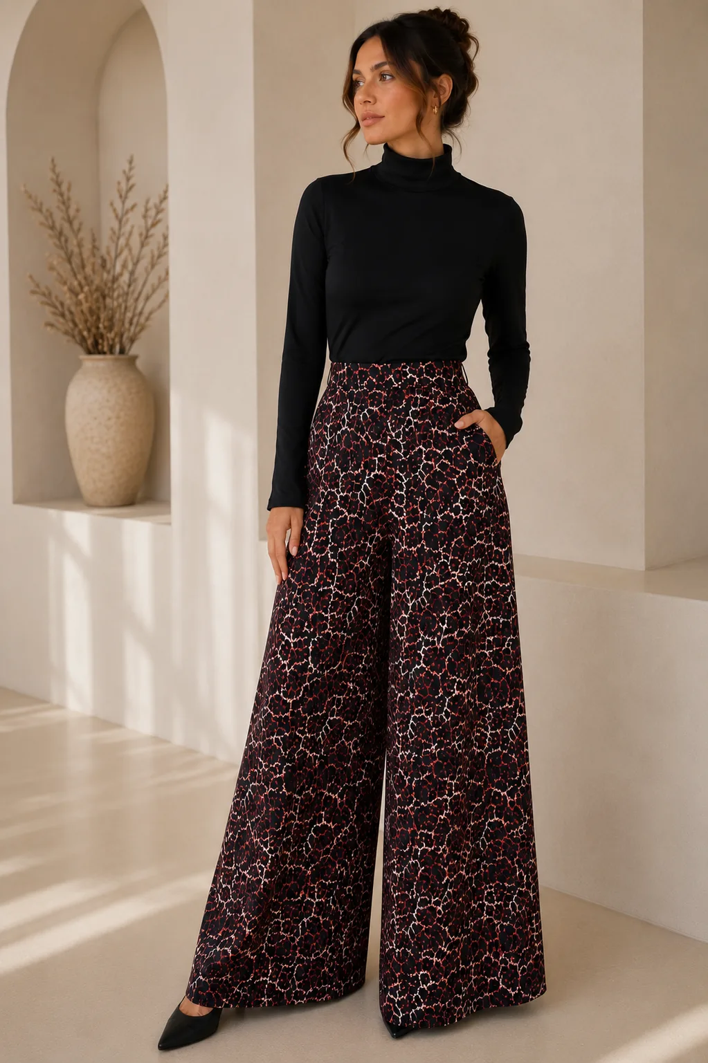Pantalón satén Premium print con Elástico atrás y bolsillo Grace