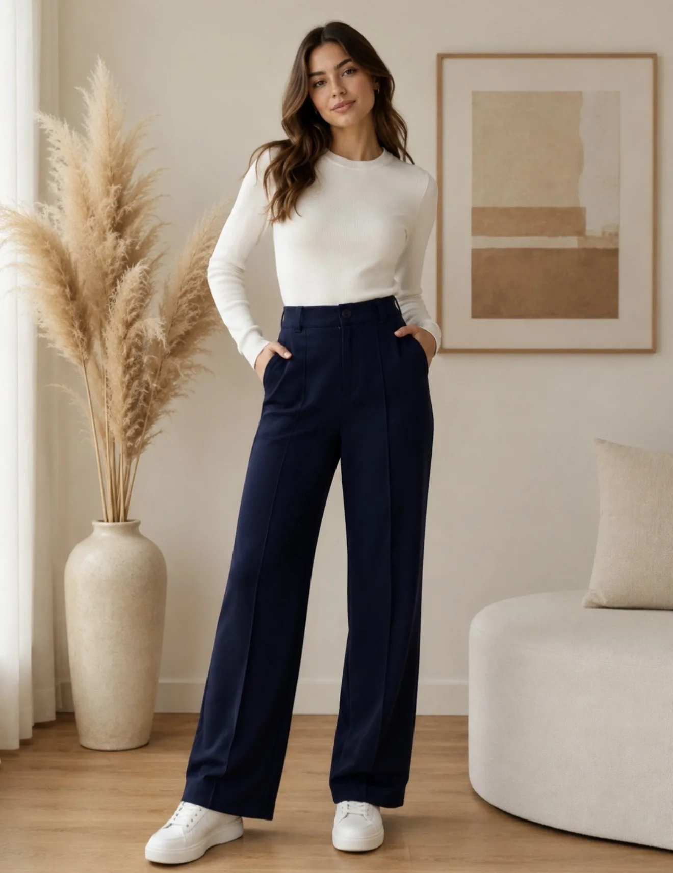 Pantalón punto Roma con pinzas y botón pasa cinto - Azul, 2