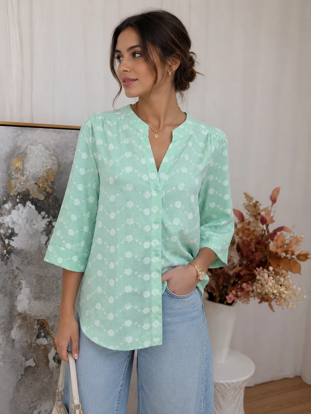 Camisa cuello mao manga 3/4 de cey estampado
