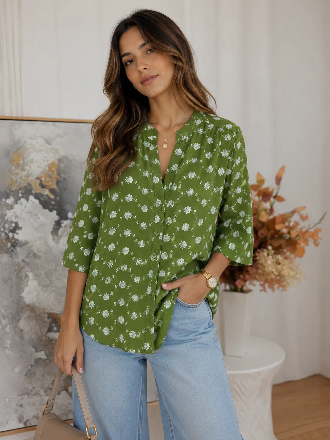 Camisa cuello mao manga 3/4 de cey estampado - Imagen 3