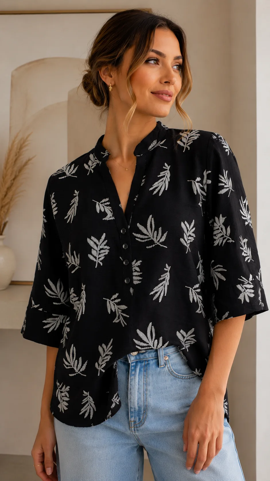 Camisola con botones manga 3/4 de lino cey estampado Jime
