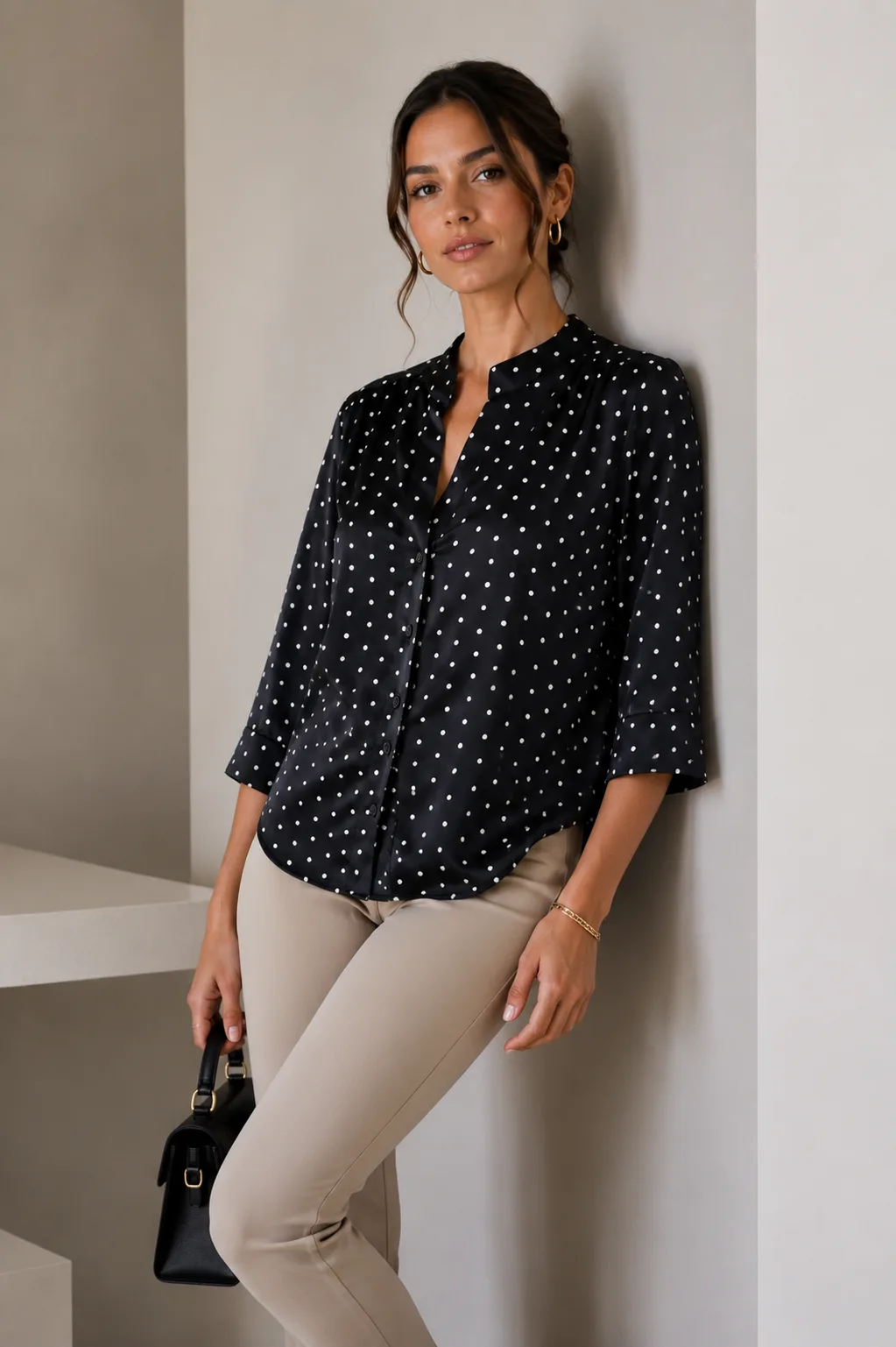 Camisa satén estampado Premium cuello mao manga 3/4
