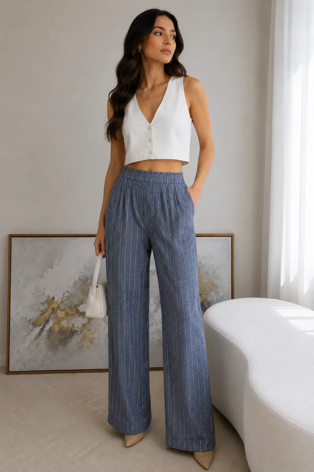 Pantalón de lino rayado con elástico atrás y pinzas adelante Yaki