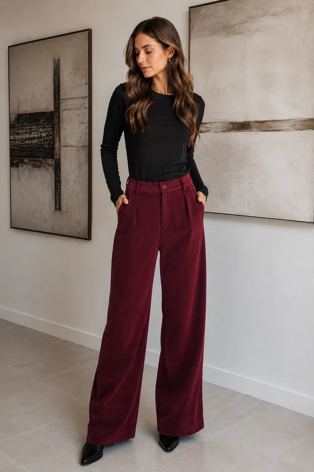 Pantalón estilo gamuzado con pinzas y elástico atrás y pasacinto Zara