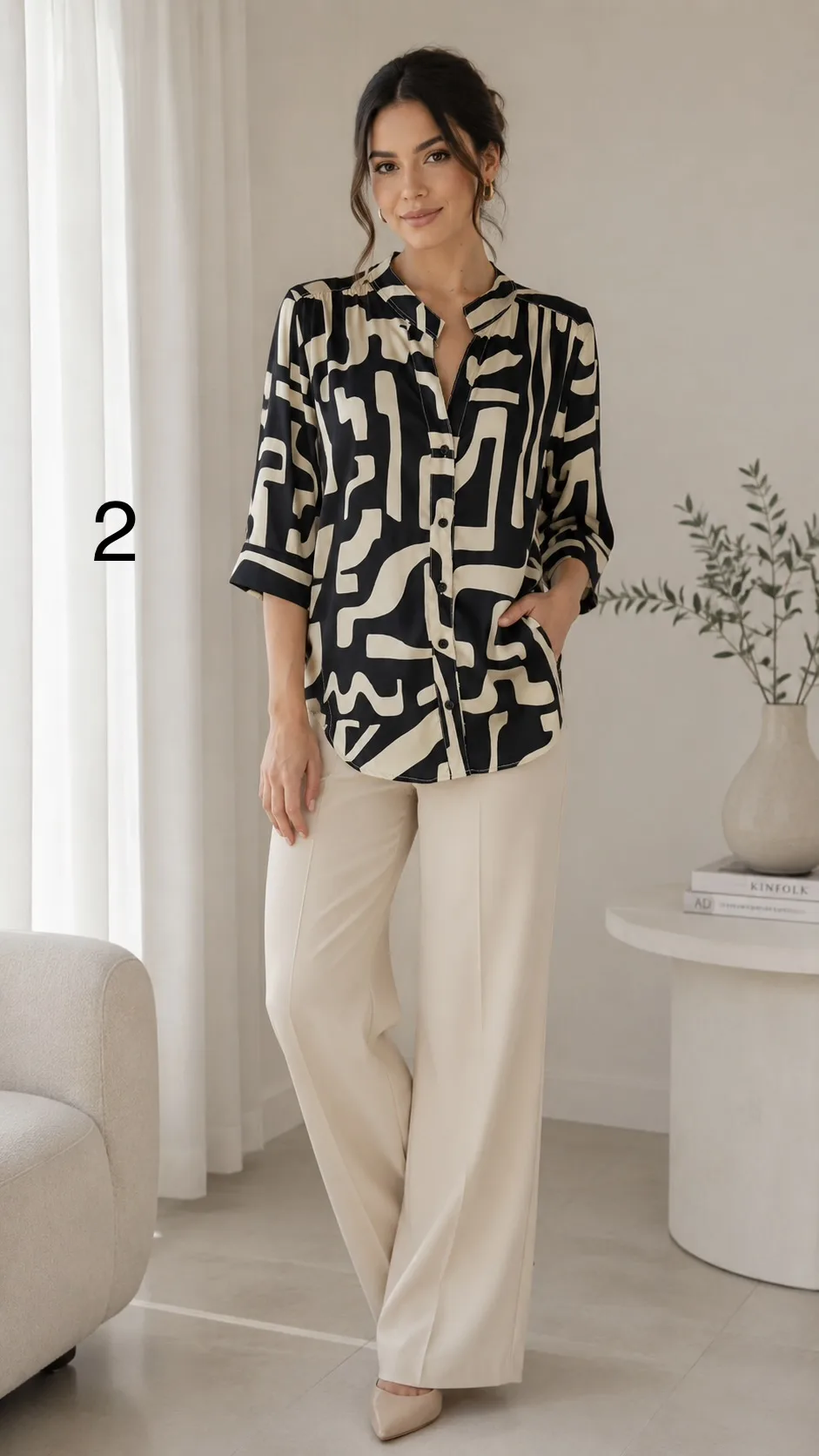Camisa satén estampado Premium cuello mao manga 3/4