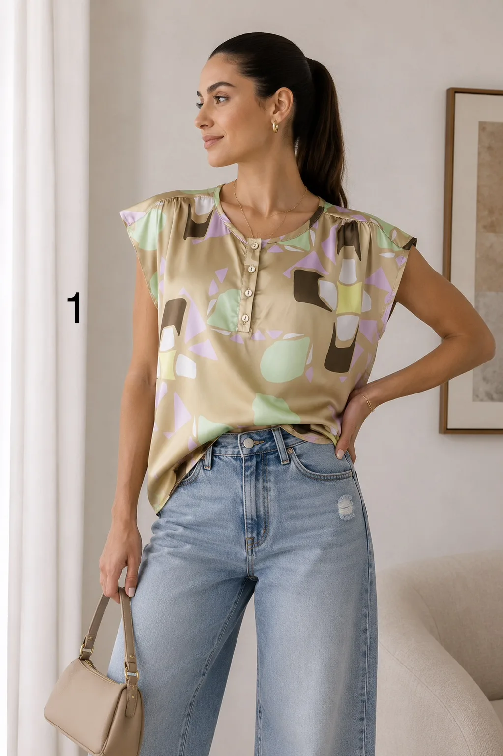 Camisola manga china manga corta de satén estampado Britzy