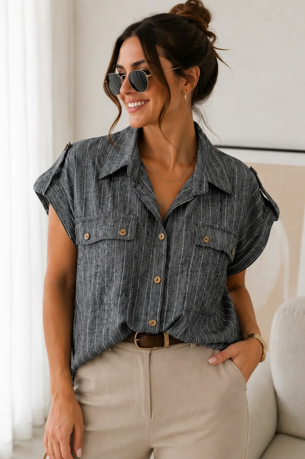 Camisa manga corta de lino rayado doble bolsillo y tira en hombros Nan
