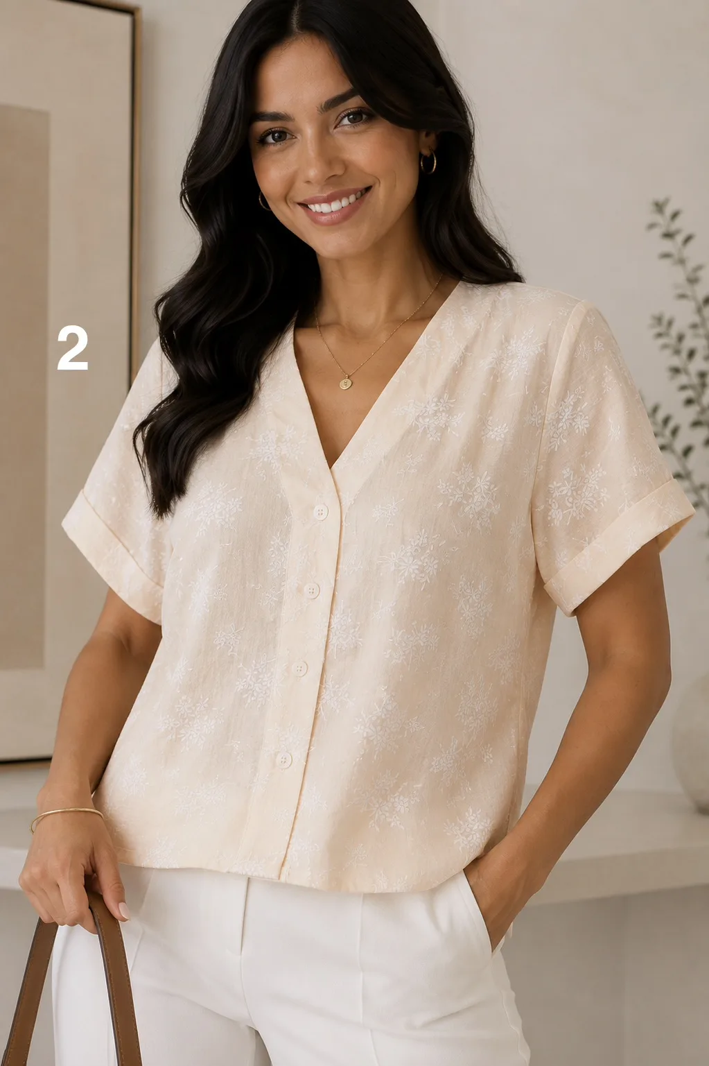 Alternative view of Camisa manga China escote V de lino bordado con Tajo Lizzy