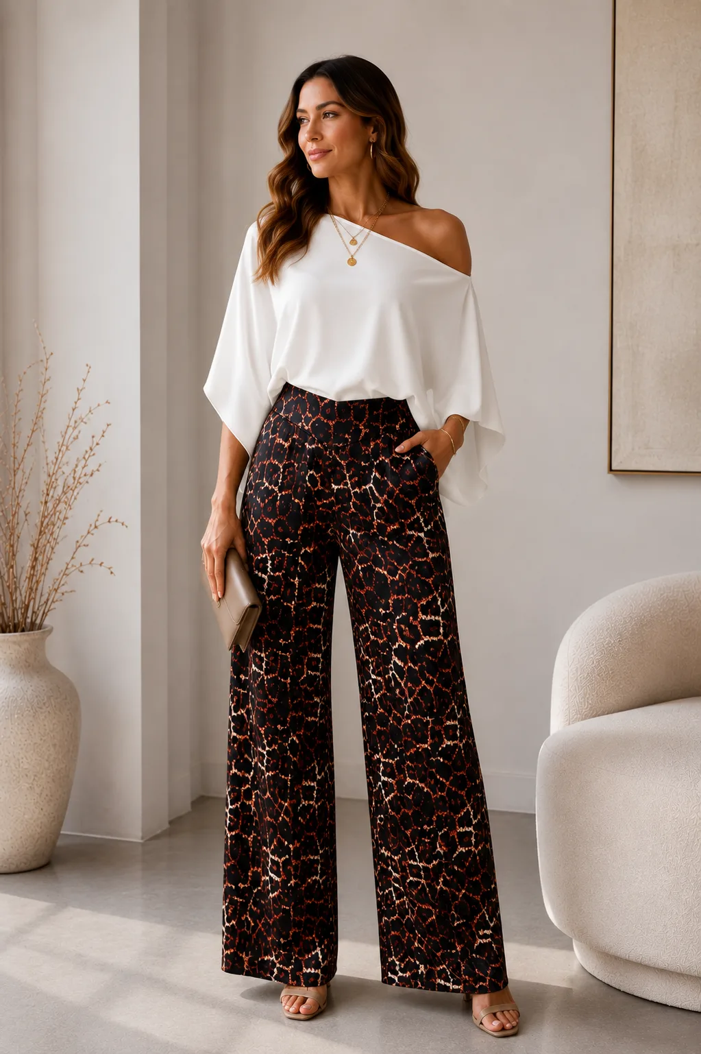 Pantalón satén Premium print con elástico atrás y bolsillo GRACE