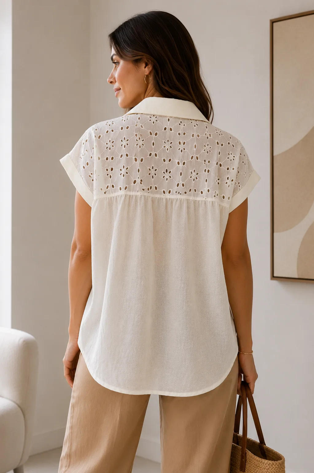 Alternative view of Camisa manga corta de lino liso con Brodery escote V CLARISE
