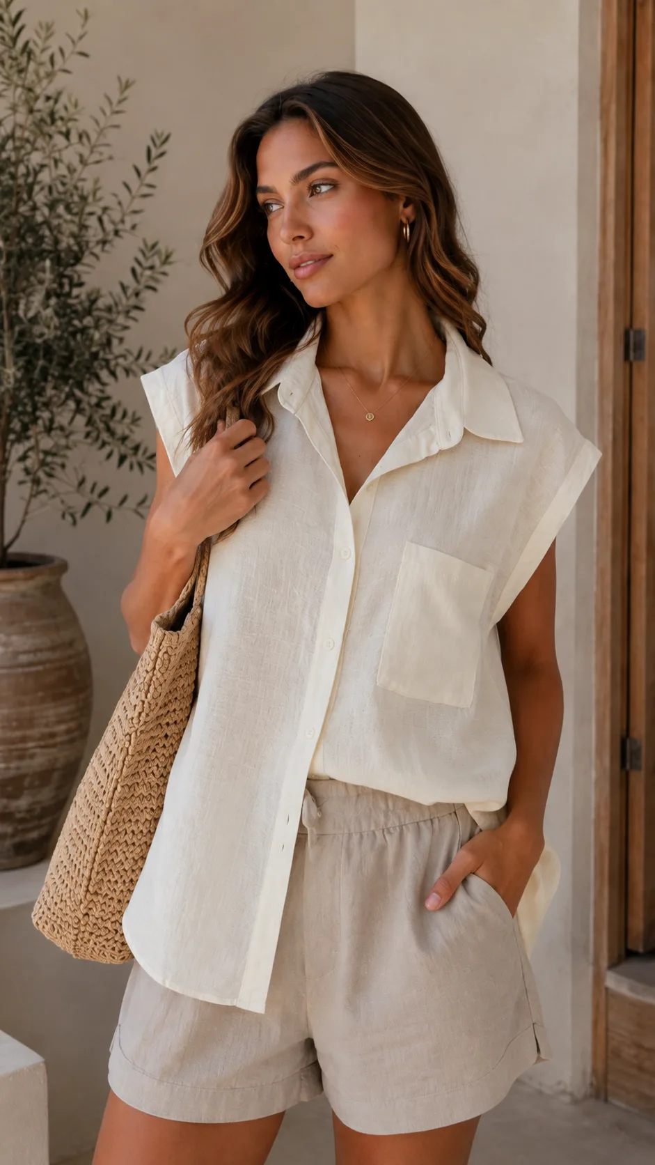 Camisa hombro caído un bolsillo lino RIGIDO liso Tulum HAILEY