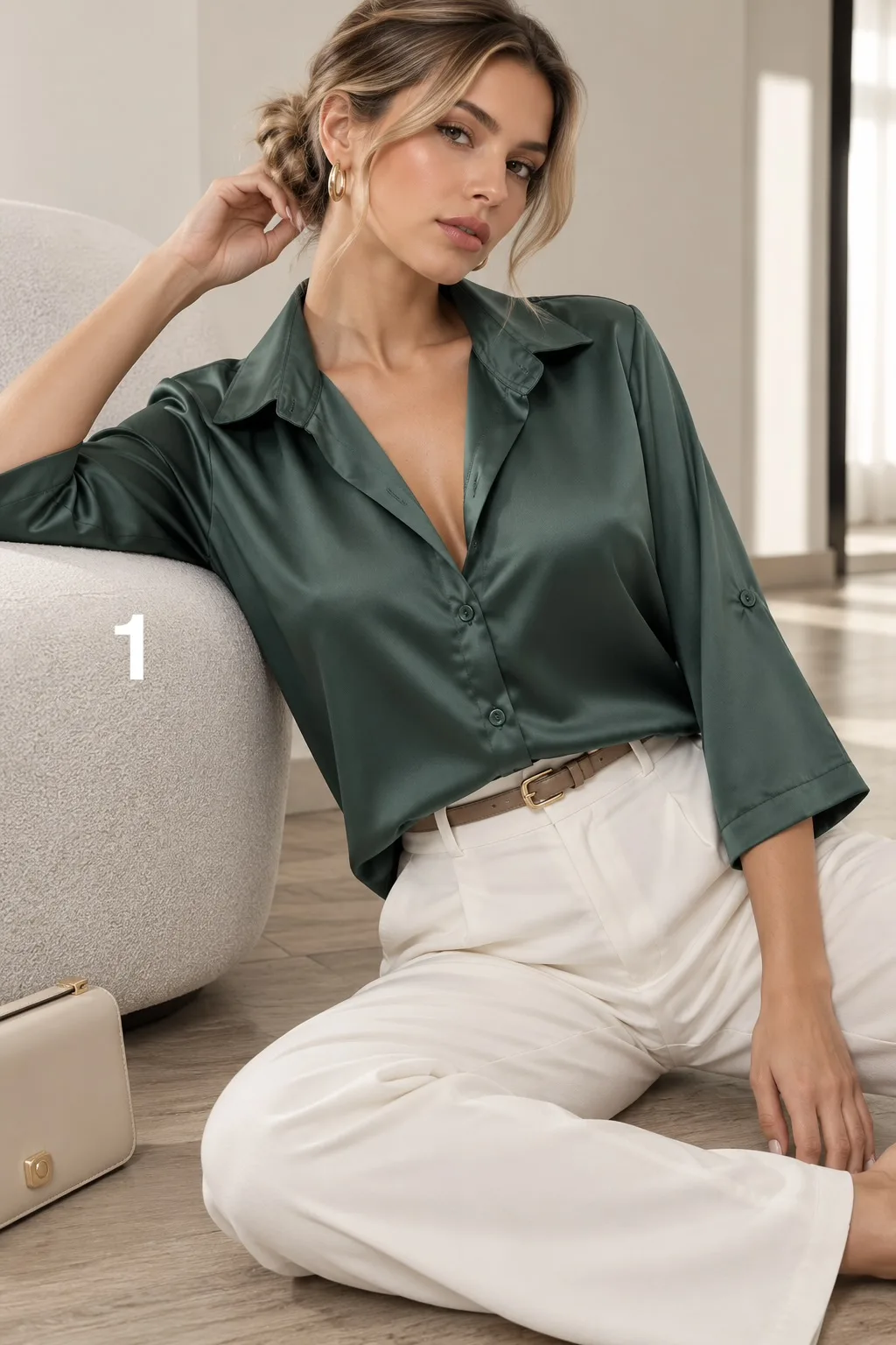 Camisa clásica manga 3/4 sin puño de satén liso Premium SARAY