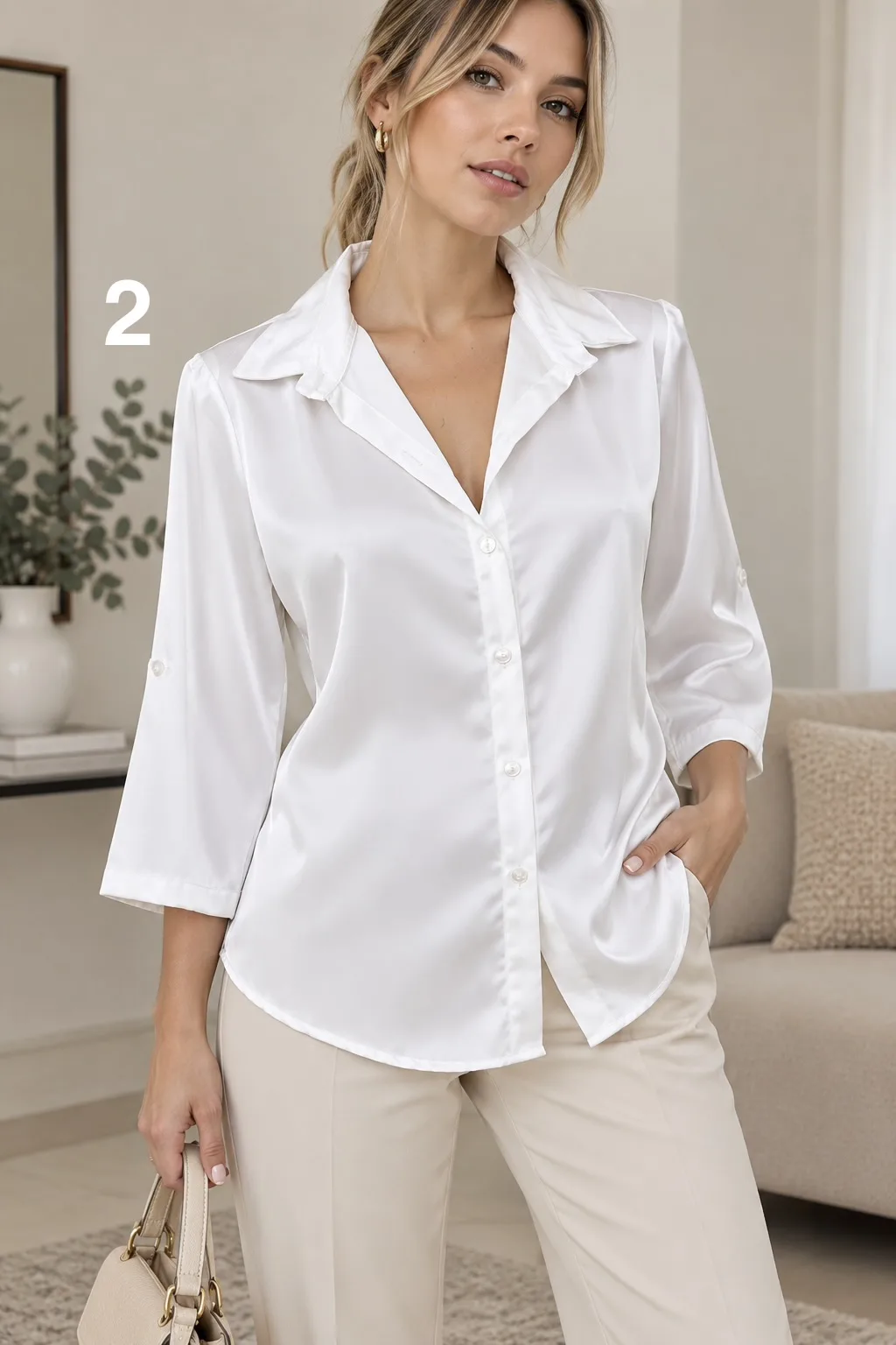 Camisa clásica manga 3/4 sin puño de satén liso Premium SARAY