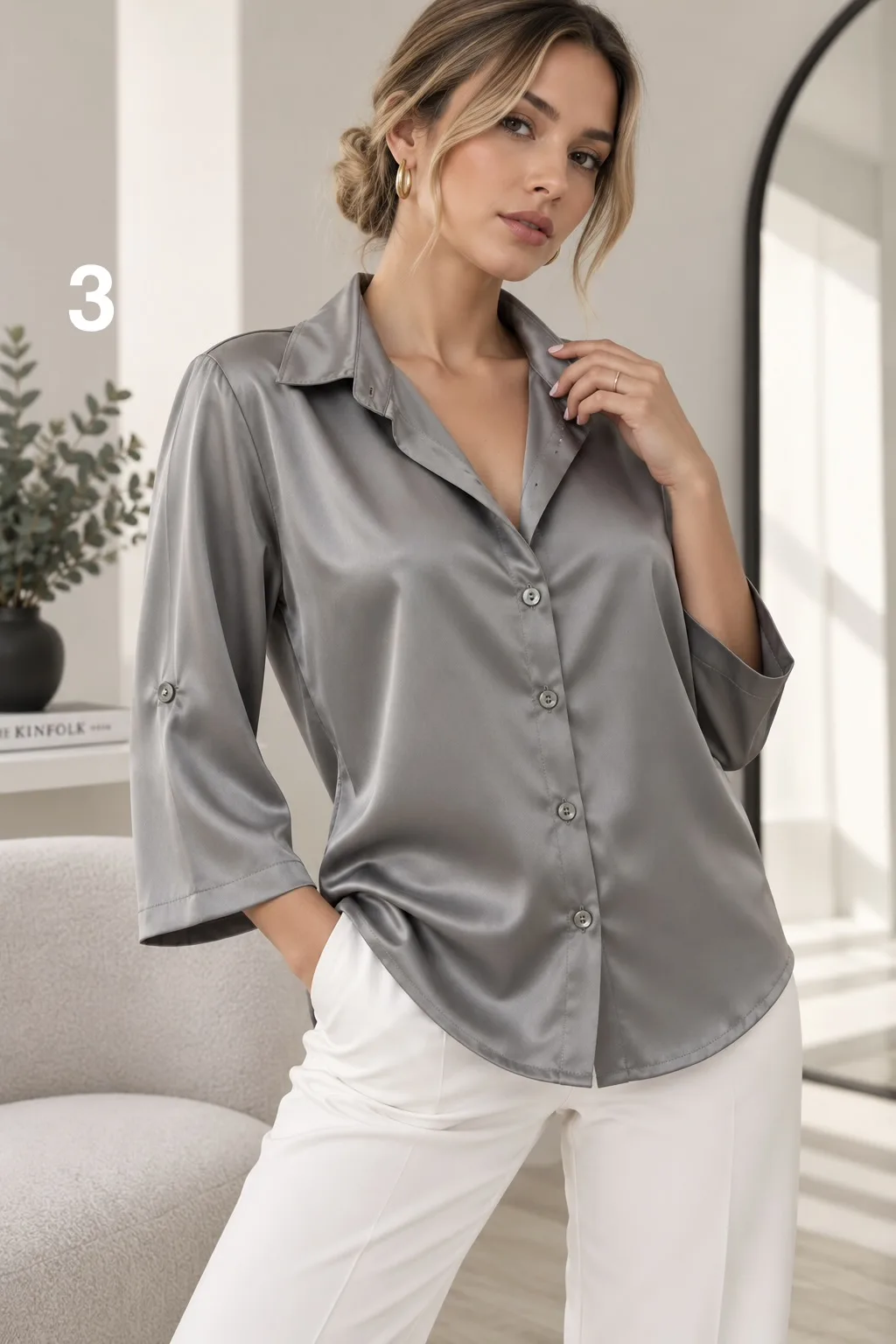 Alternative view of Camisa clásica manga 3/4 sin puño de satén liso Premium SARAY