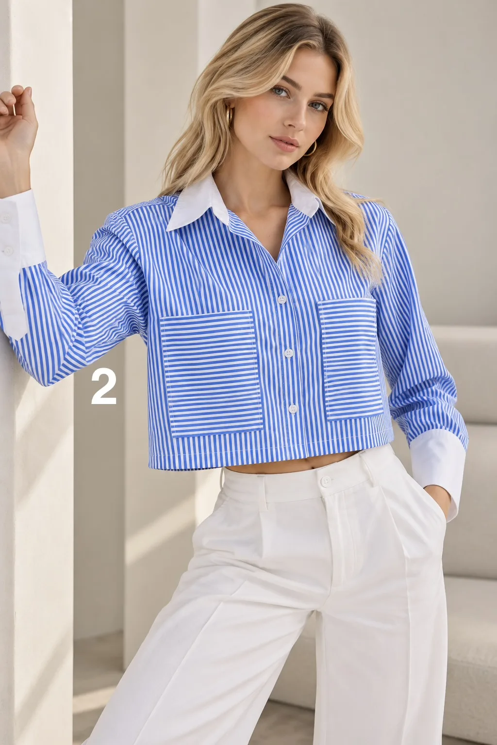 Alternative view of Camisa corta combinada Poplin rayado MUSU