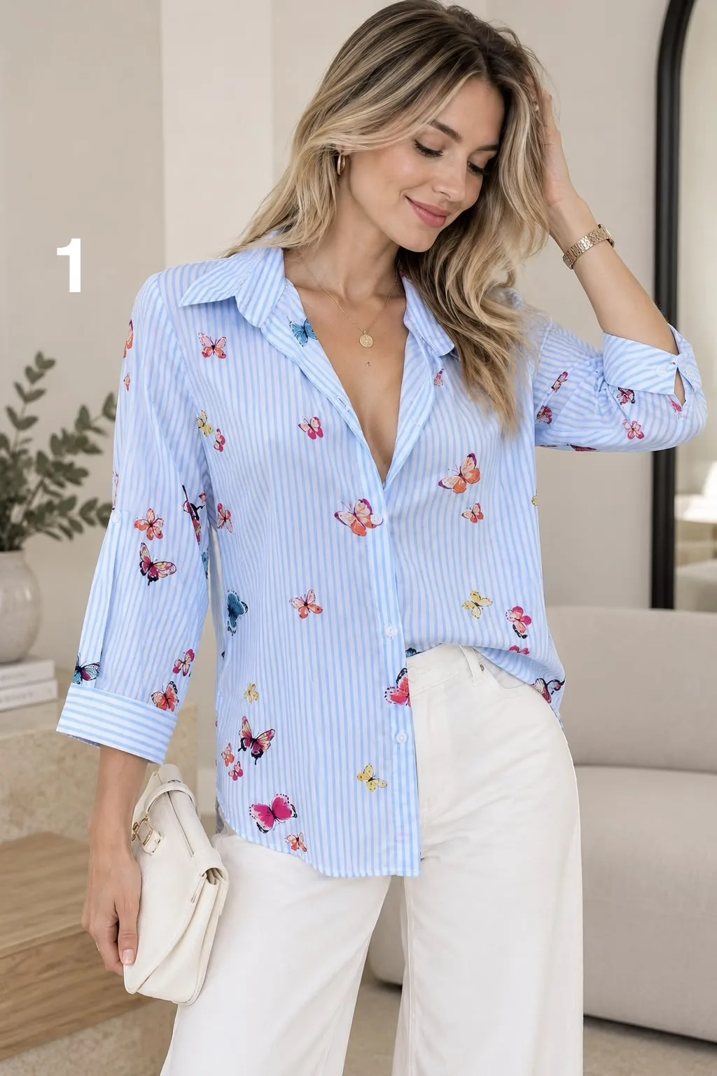 Camisa clásica de fibrana estampada manga 3/4 GUFF