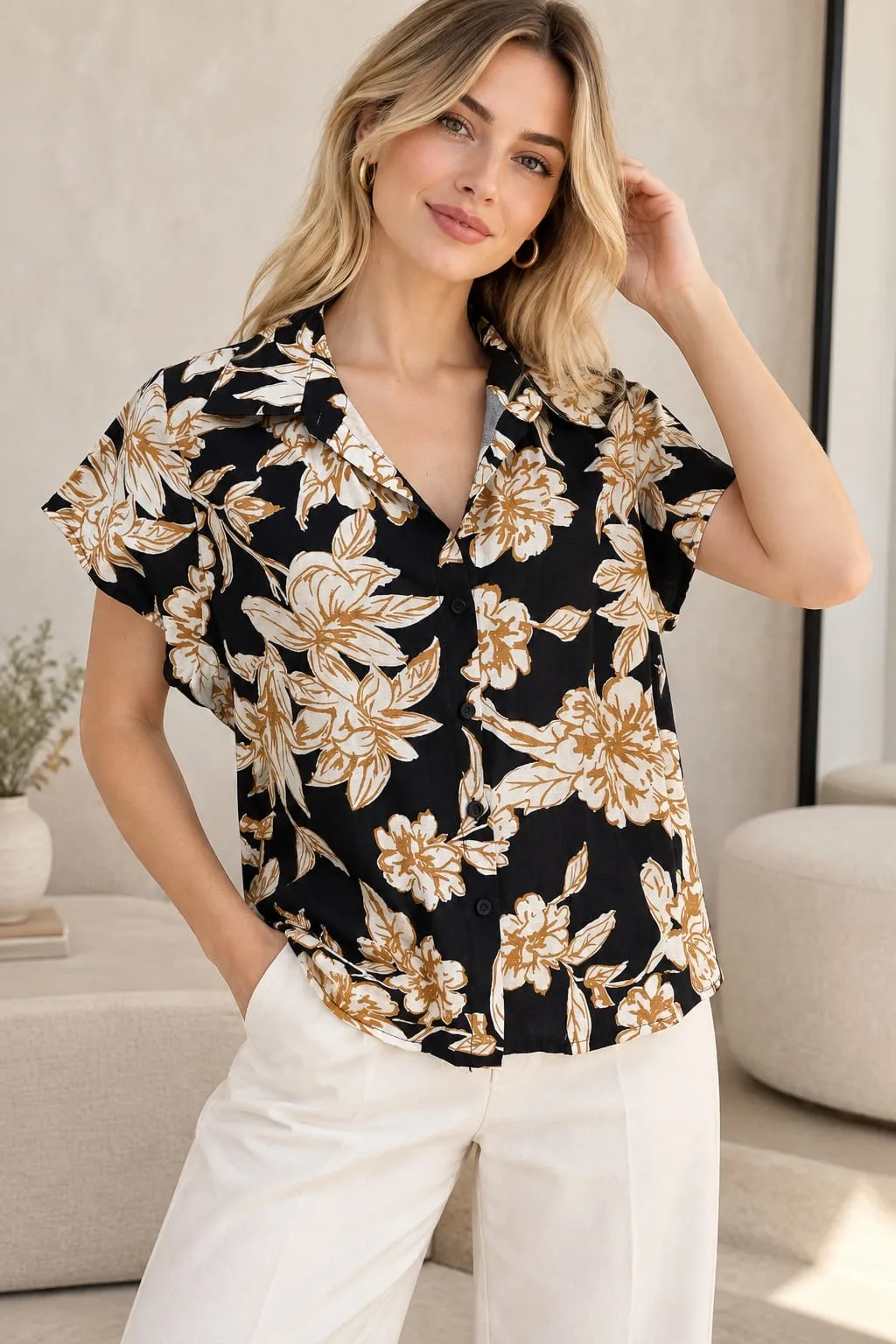 Alternative view of Camisa manga corta de lino estampado NAILY