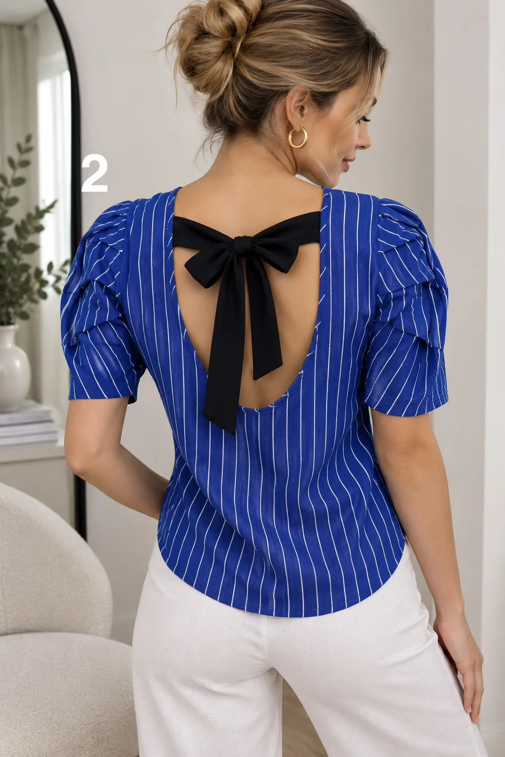 Alternative view of Blusa lino rayado manga Princesa con lazo MARU