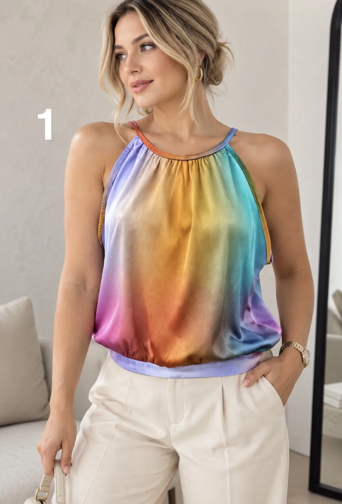 Musculosa satén estampada con lazo atrás PERLA