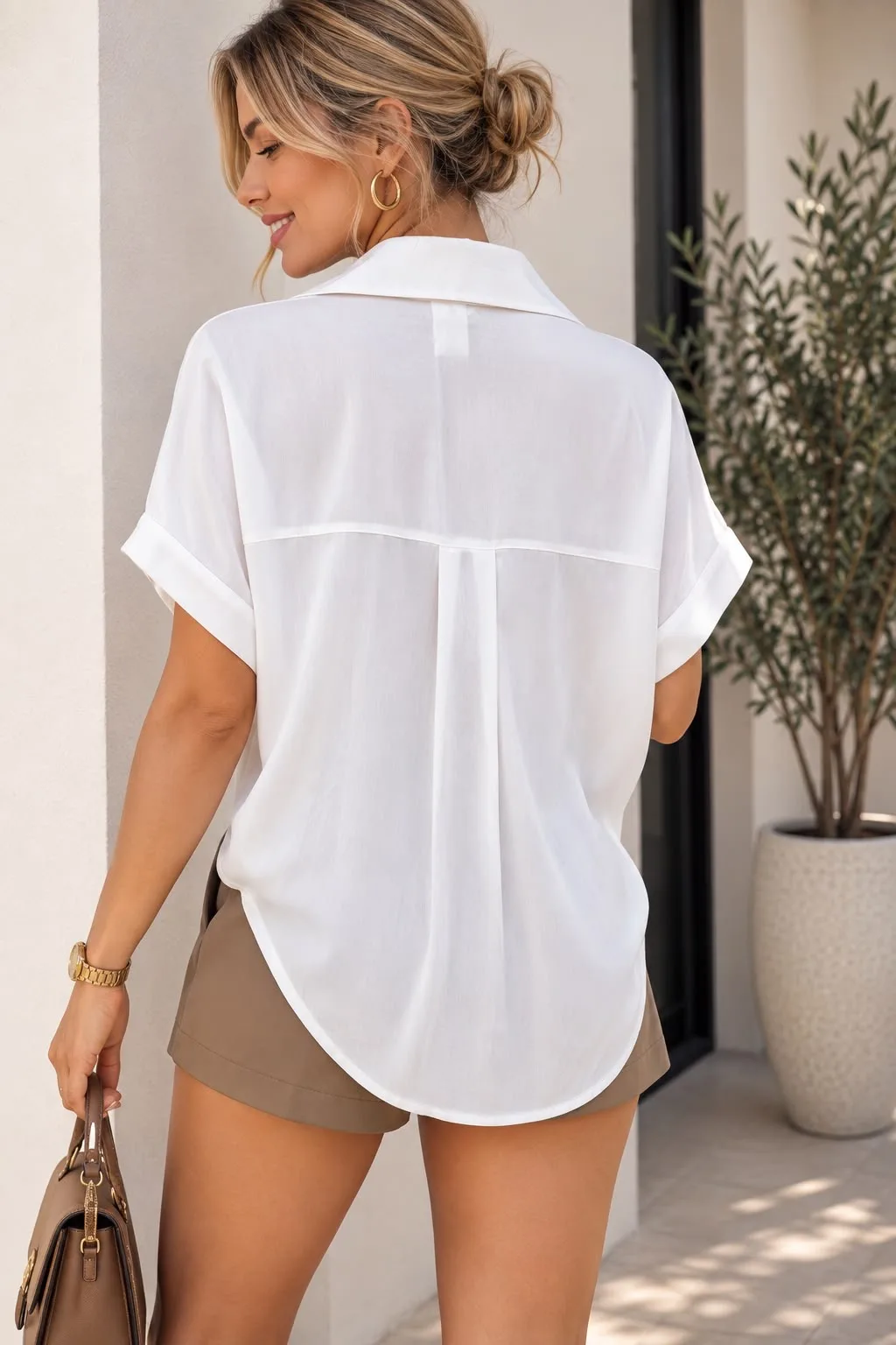 Camisa fibrana fina hombro caído sin bolsillo con pinzas atrás - Imagen 3