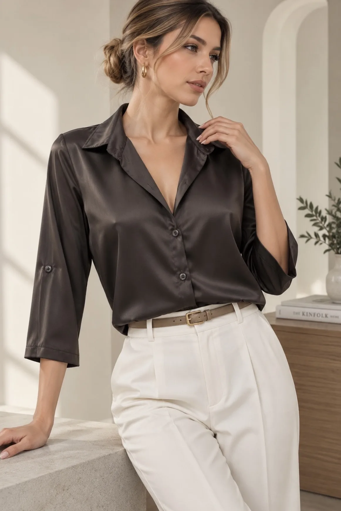 Camisa clásica manga 3/4 sin puño de satén liso Premium SARAY
